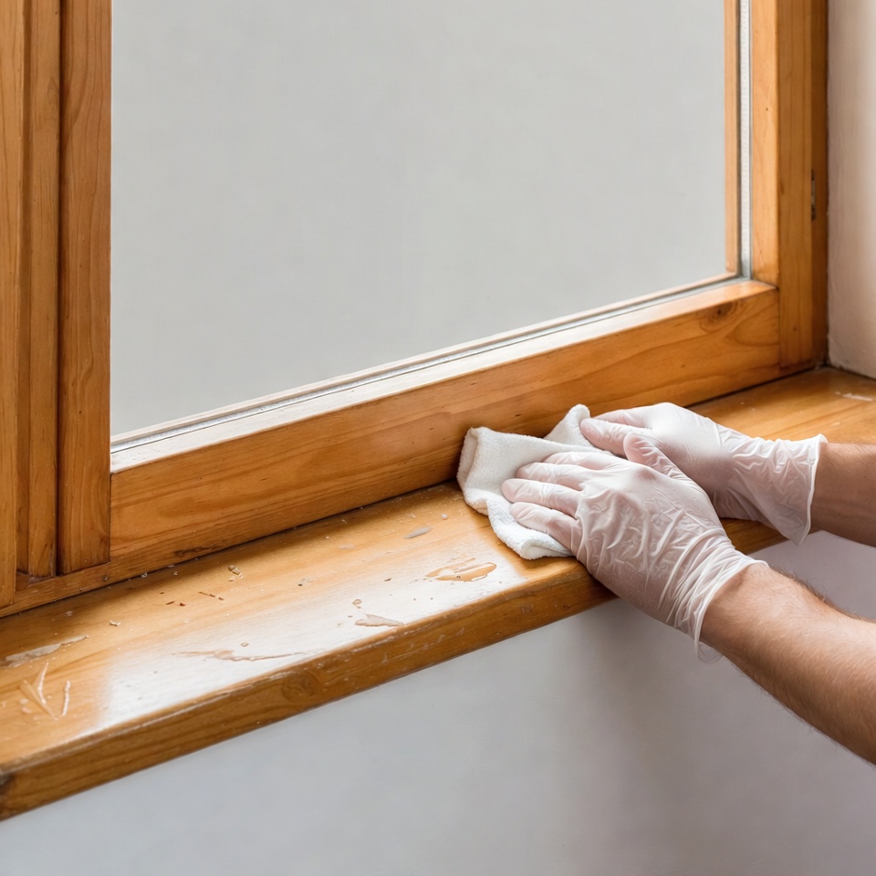 Hands cleaning window sill with rag Hands cleaning window sill with rag