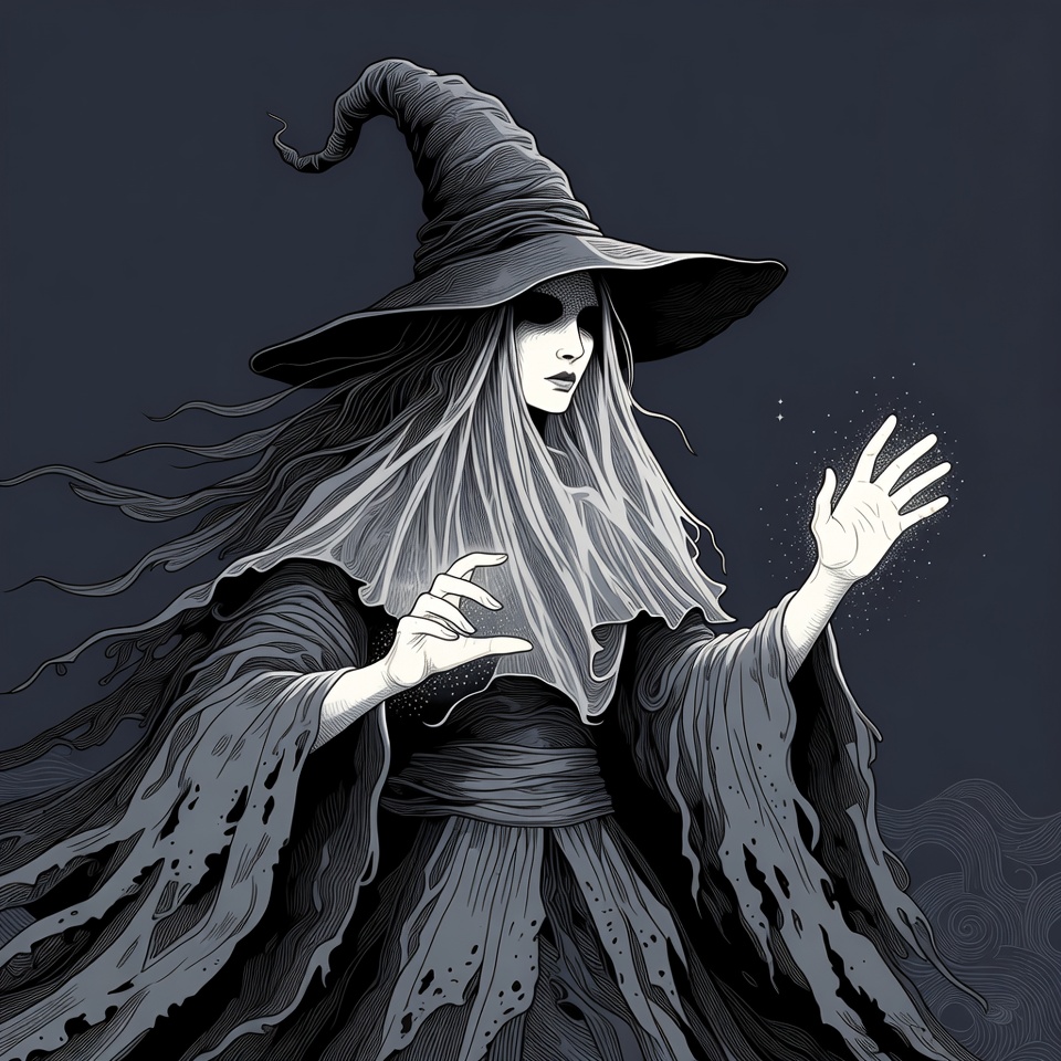 Witch casting spell in dark gown Witch casting spell in dark gown