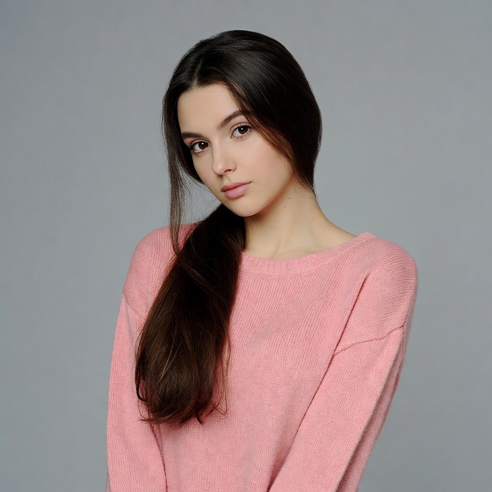 Woman in pink sweater ponytail Woman in pink sweater ponytail