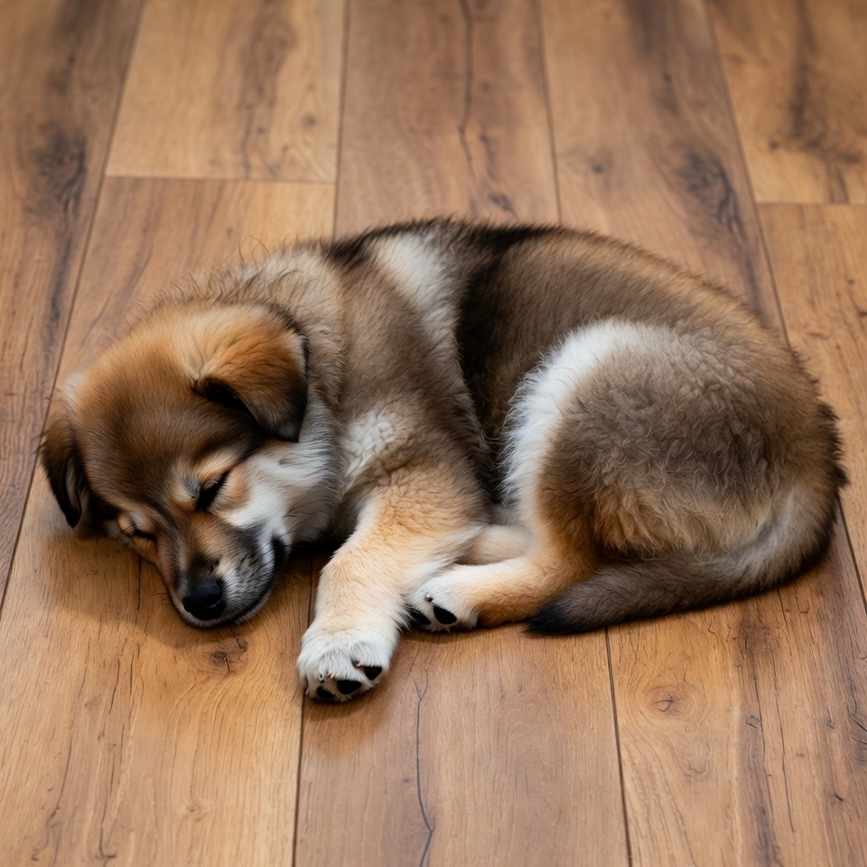Sleeping puppy on wooden floor Sleeping puppy on wooden floor