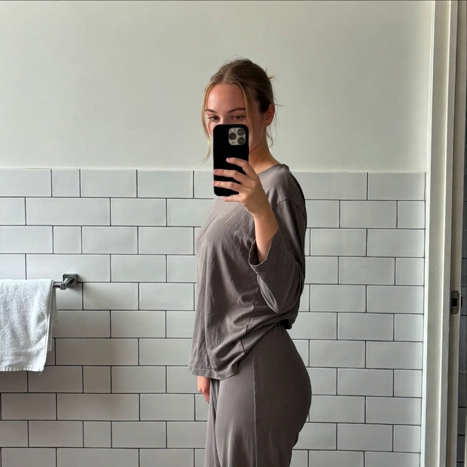 Woman in gray outfit taking mirror selfie Woman in gray outfit taking mirror selfie