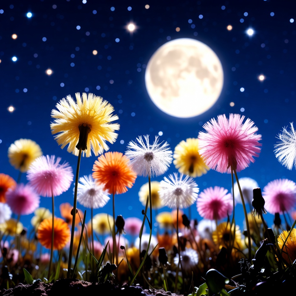 Colorful Dandelions Under Moon and Stars Colorful Dandelions Under Moon and Stars