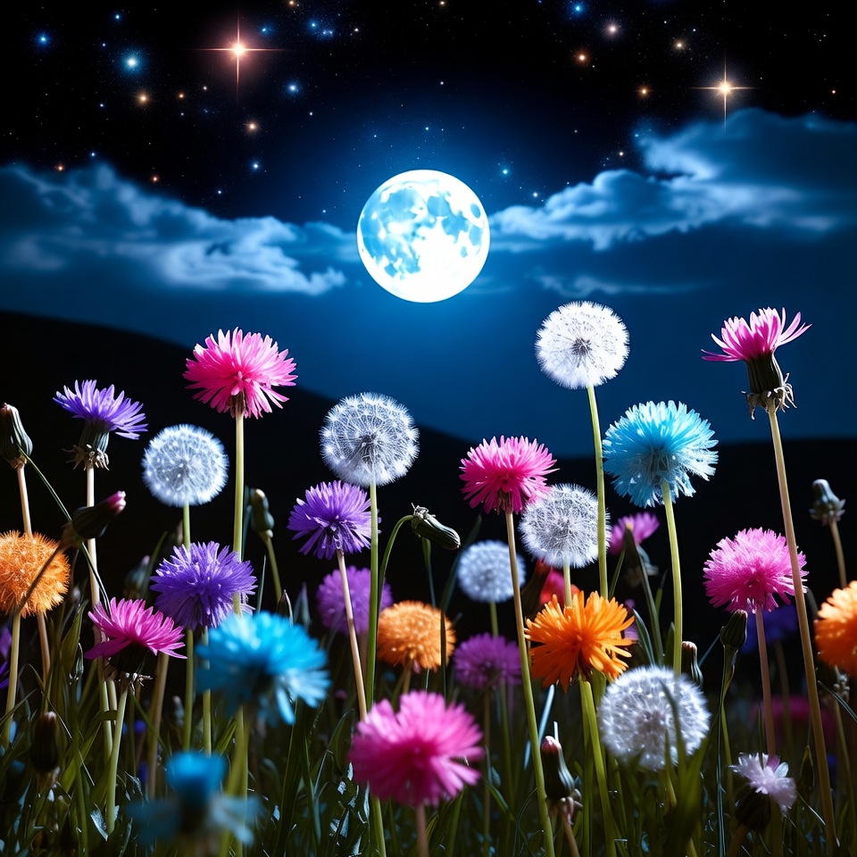 Colorful Flowers Under Full Moon Night Sky Colorful Flowers Under Full Moon Night Sky