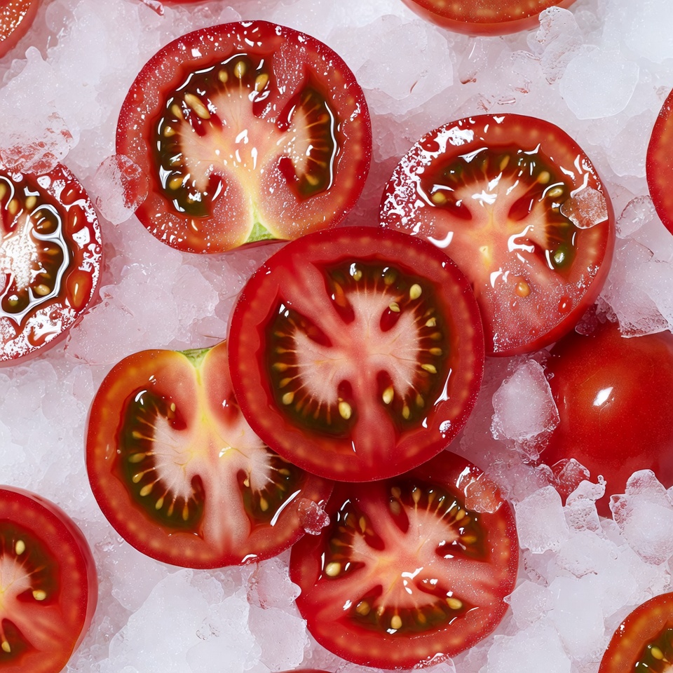 Fresh sliced tomatoes on ice Fresh sliced tomatoes on ice