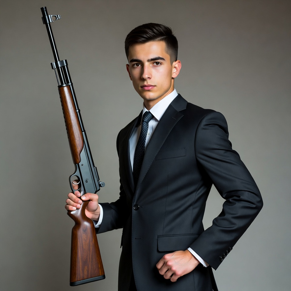 Young man in suit holding rifle Young man in suit holding rifle