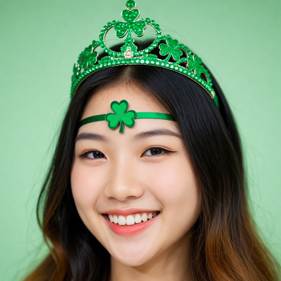 Asian woman wearing shamrock crown Asian woman wearing shamrock crown
