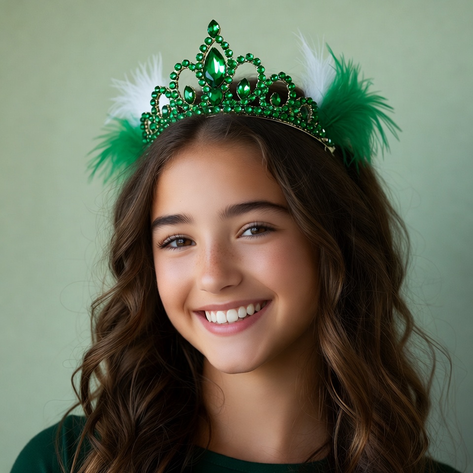 Girl wearing green feathered crown Girl wearing green feathered crown