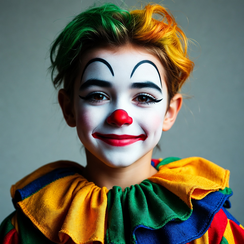 Child clown with green orange hair Child clown with green orange hair
