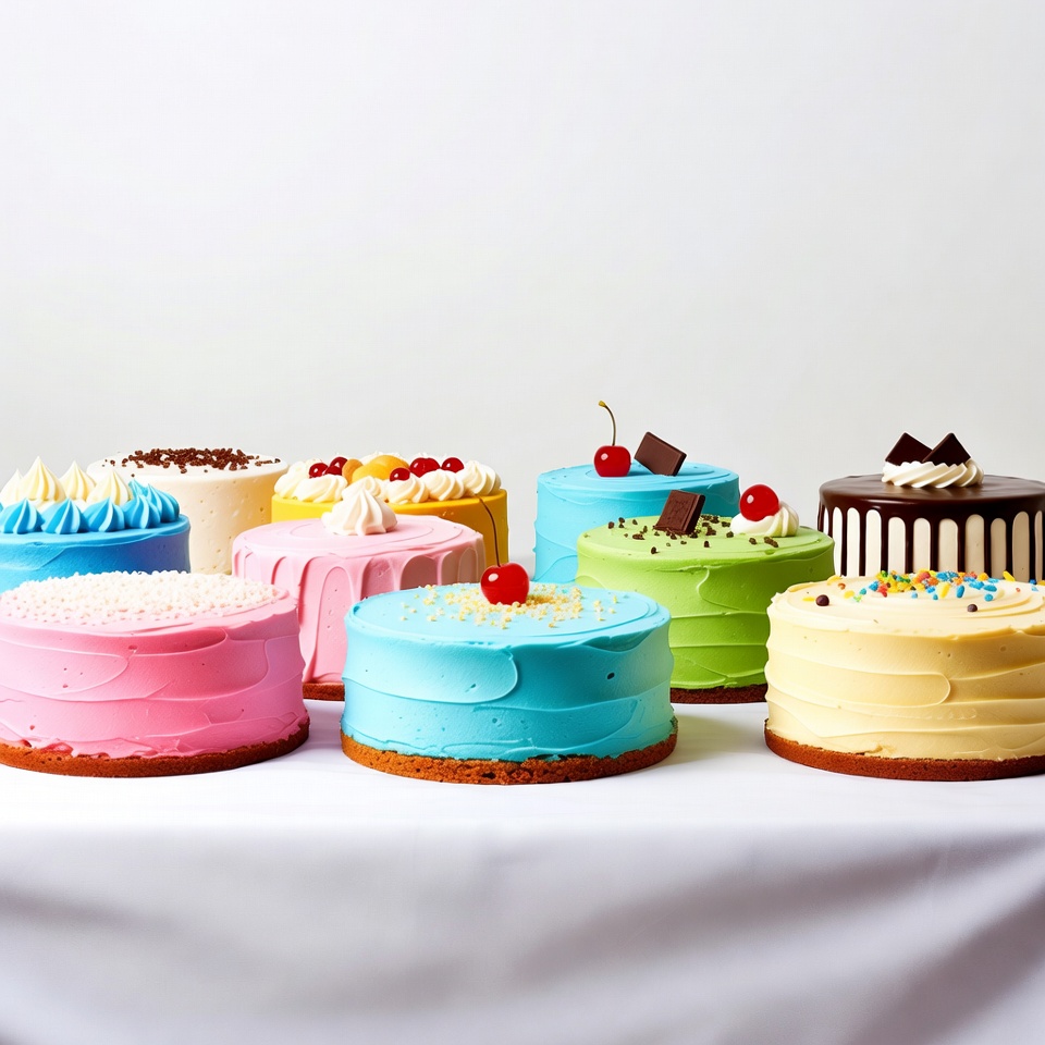 Colorful Frosted Cakes on White Table Colorful Frosted Cakes on White Table