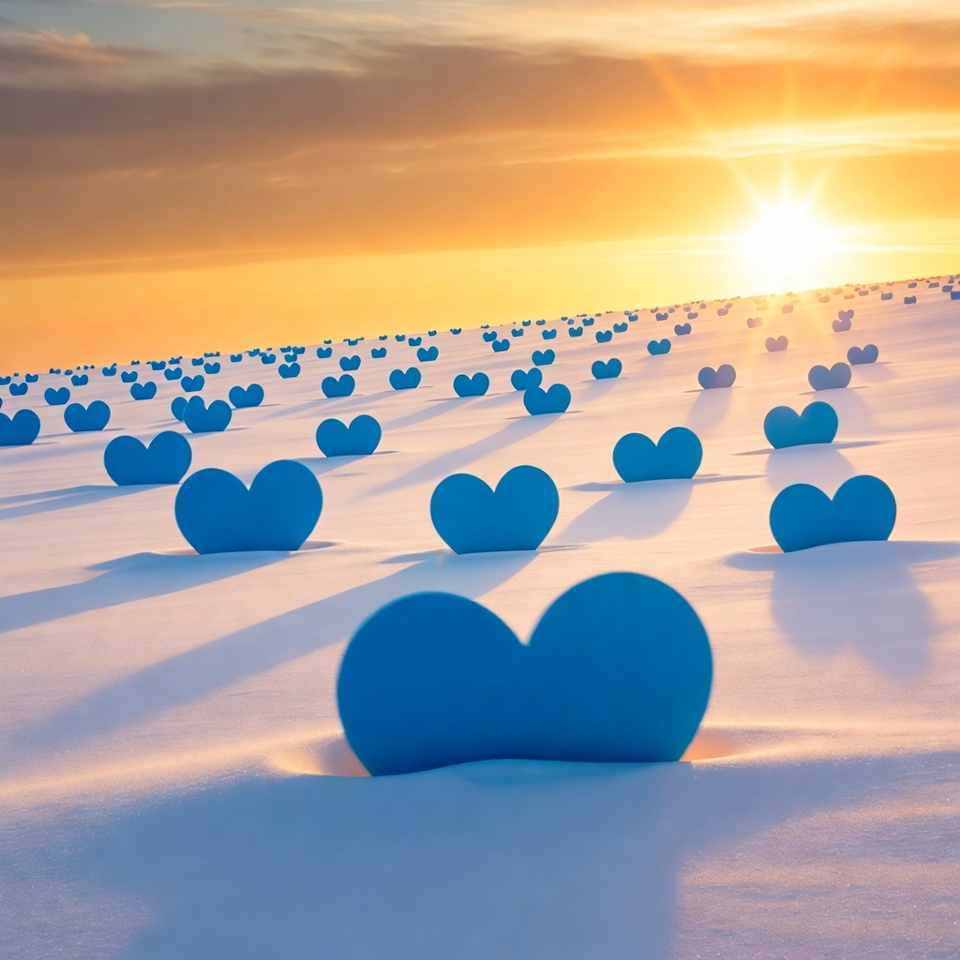 Blue heart shapes in snowy field at sunset Blue heart shapes in snowy field at sunset