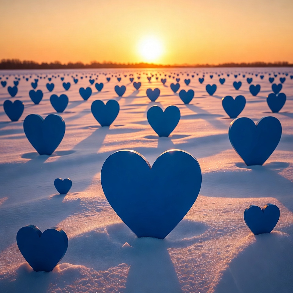 Blue hearts in snowy field at sunset Blue hearts in snowy field at sunset