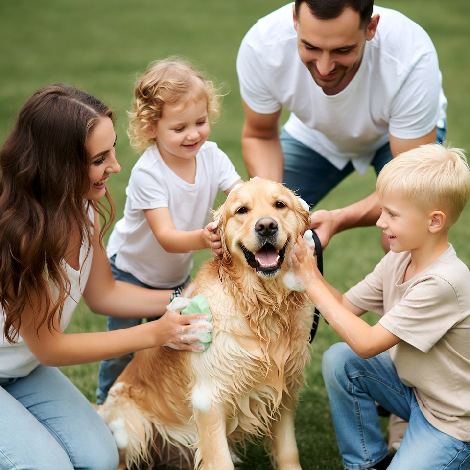 Family washing golden retriever in grass Family washing golden retriever in grass