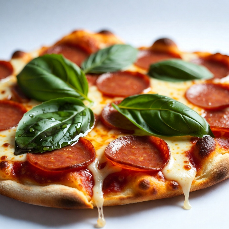 Pepperoni Pizza with Fresh Basil Pepperoni Pizza with Fresh Basil