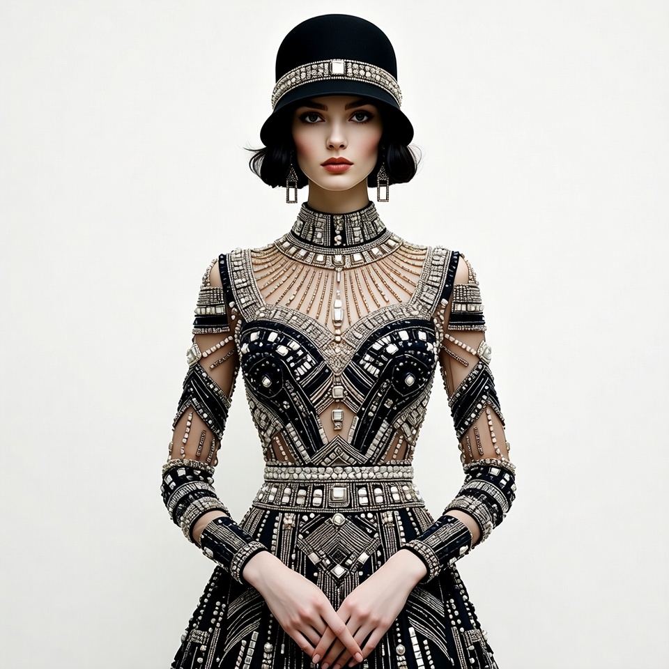 Woman in Beaded Flapper Gown and Cloche Hat Woman in Beaded Flapper Gown and Cloche Hat