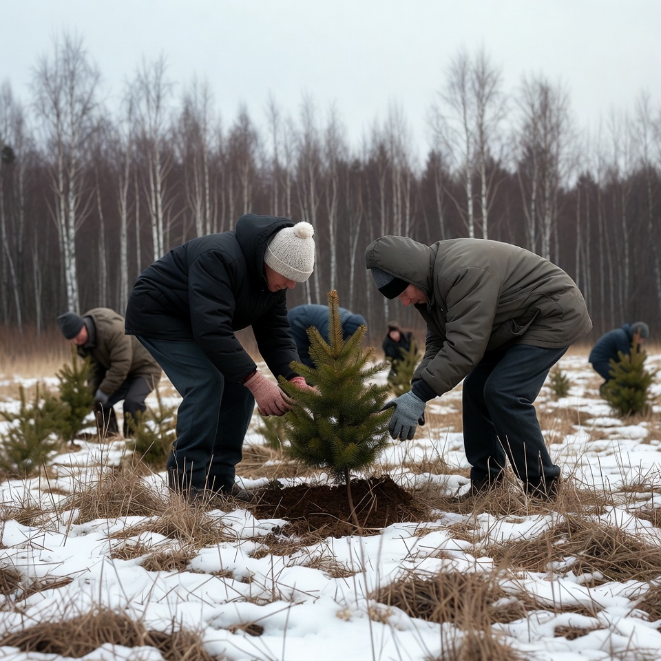 Men planting trees in snowy field Men planting trees in snowy field