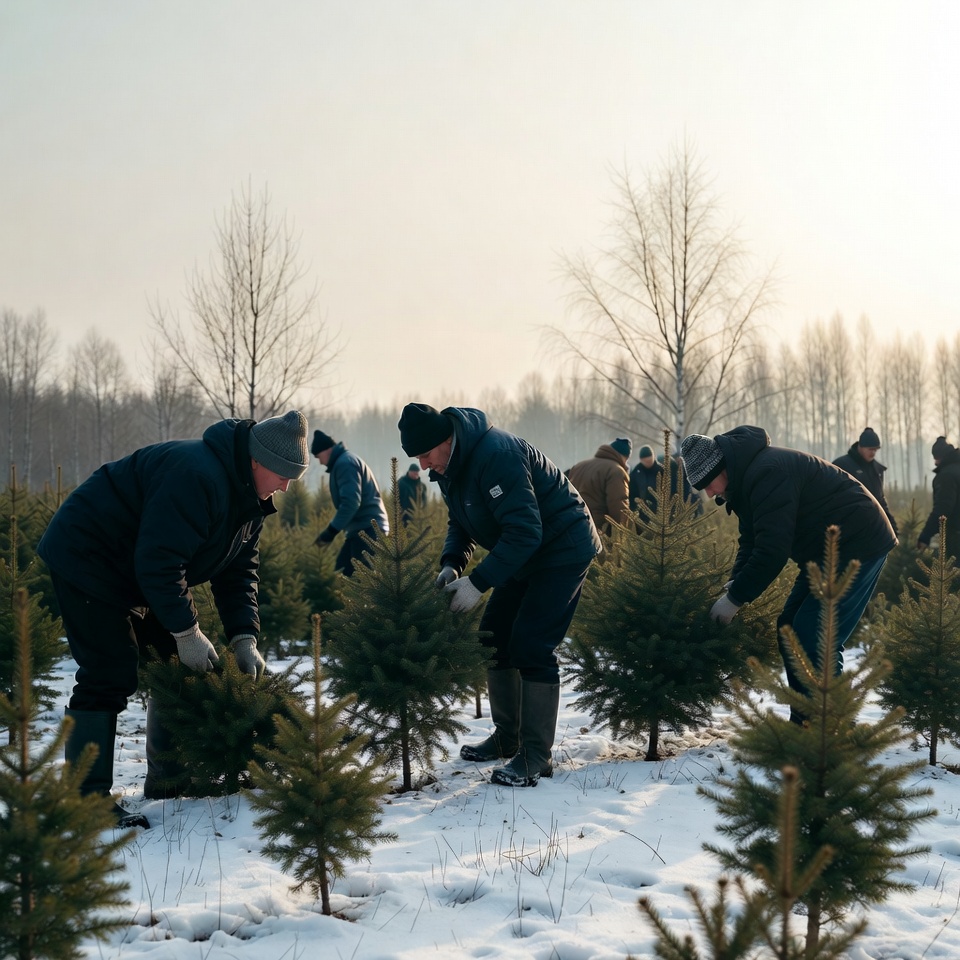 Workers harvesting Christmas trees in snow Workers harvesting Christmas trees in snow