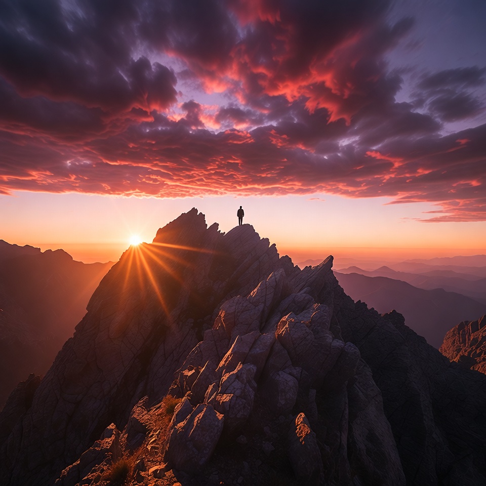 Silhouette man on mountain peak at sunset Silhouette man on mountain peak at sunset