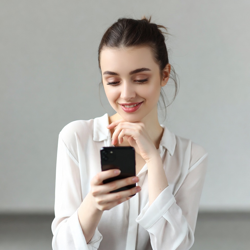 Woman smiling while using smartphone Woman smiling while using smartphone