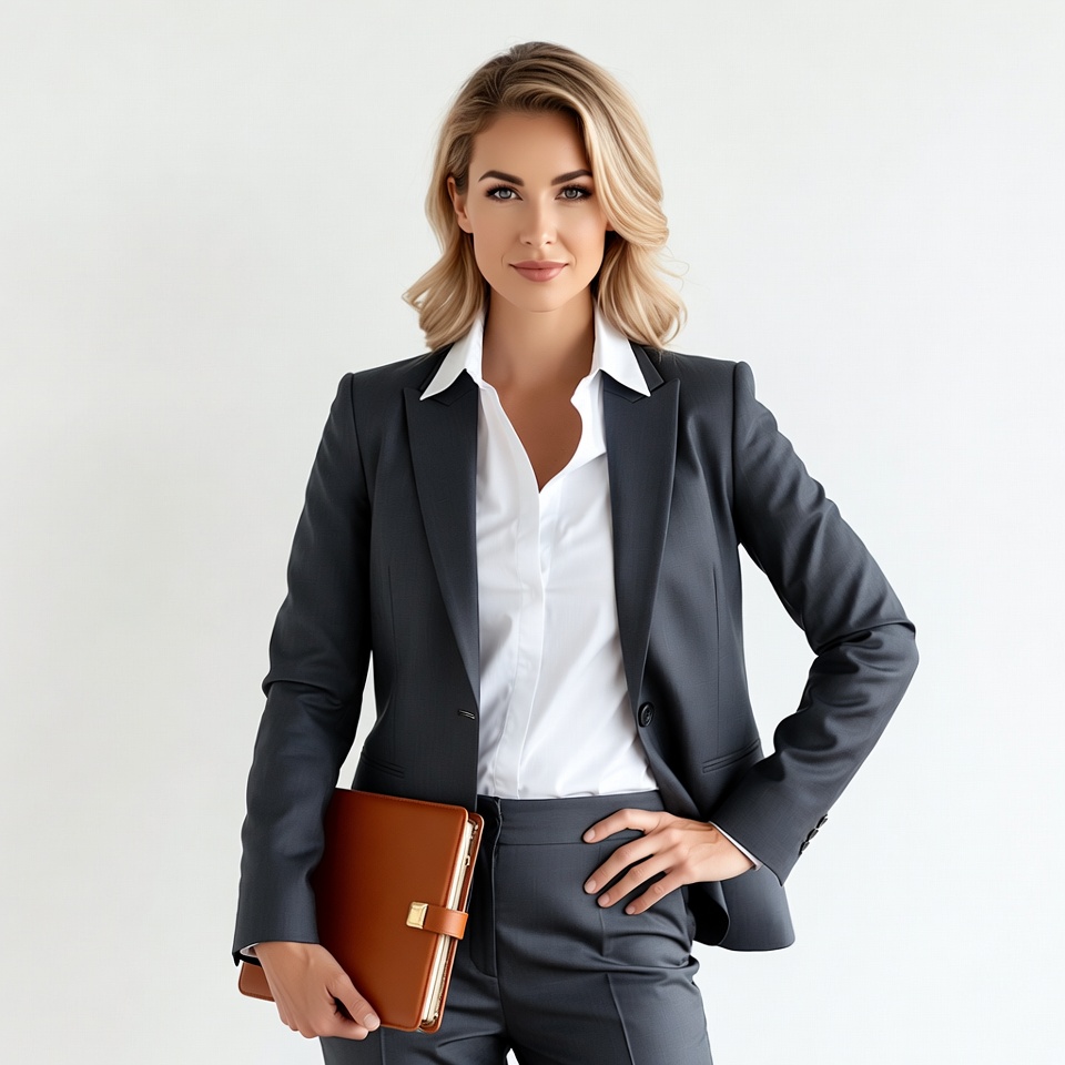 Blonde businesswoman holding brown folder Blonde businesswoman holding brown folder