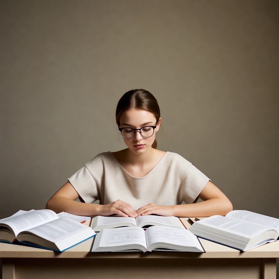 Young woman studying multiple books Young woman studying multiple books