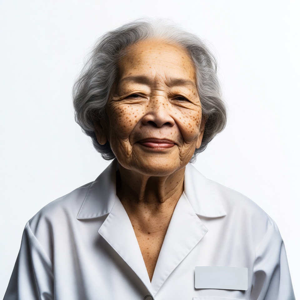 Elderly Asian woman in white lab coat Elderly Asian woman in white lab coat