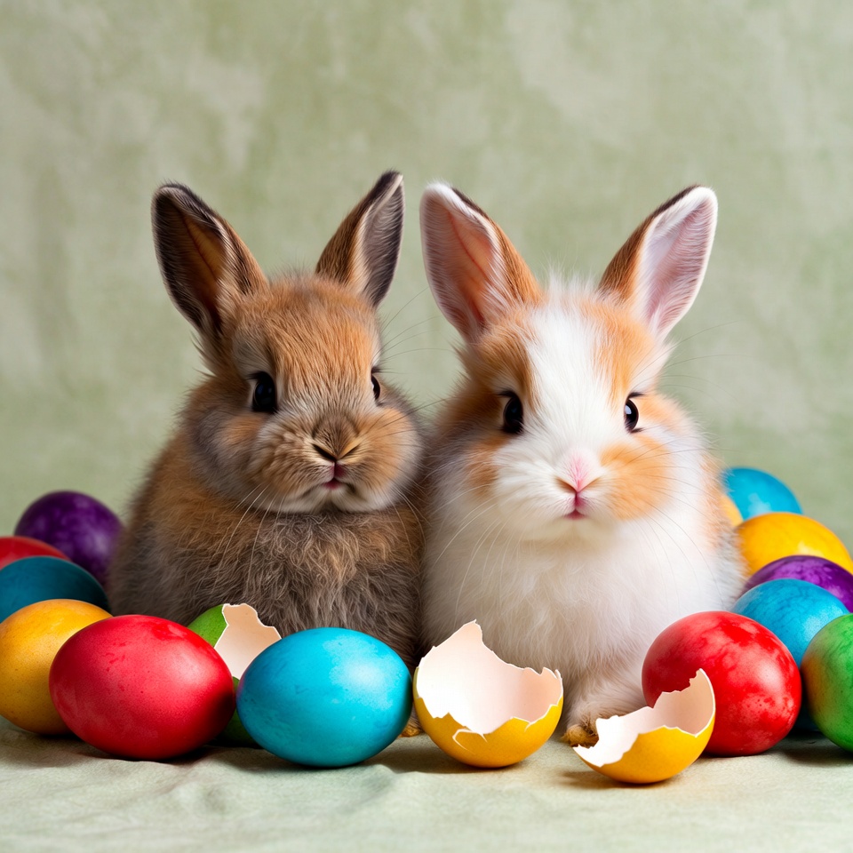 Two bunnies surrounded by Easter eggs Two bunnies surrounded by Easter eggs