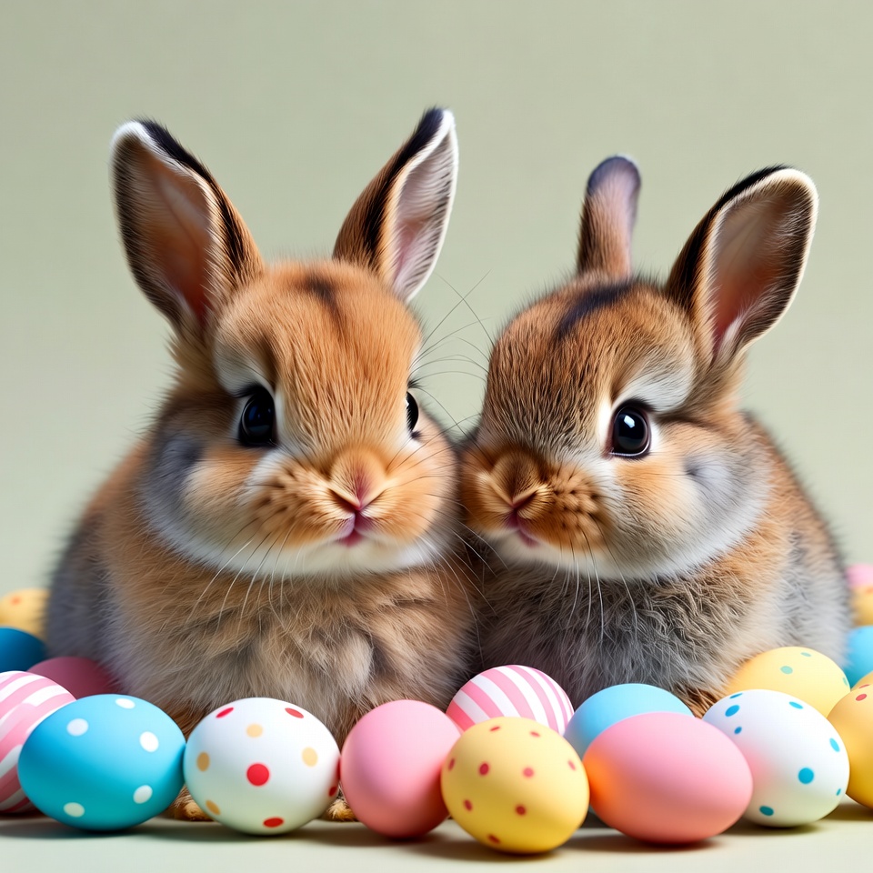 Two Cute Bunnies with Easter Eggs Two Cute Bunnies with Easter Eggs