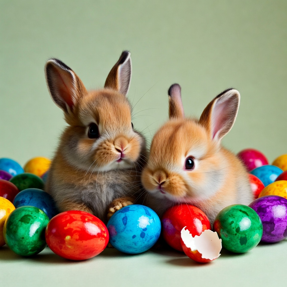 Two Cute Baby Bunnies with Easter Eggs Two Cute Baby Bunnies with Easter Eggs
