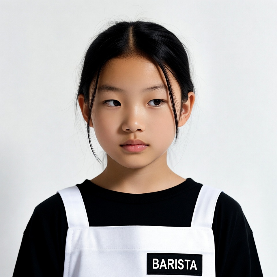 Asian girl wearing barista apron Asian girl wearing barista apron