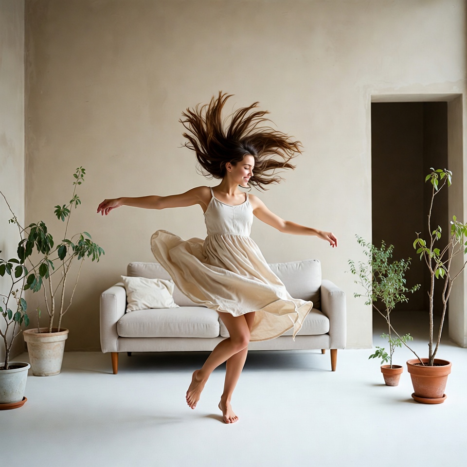 Woman dancing in flowing dress Woman dancing in flowing dress