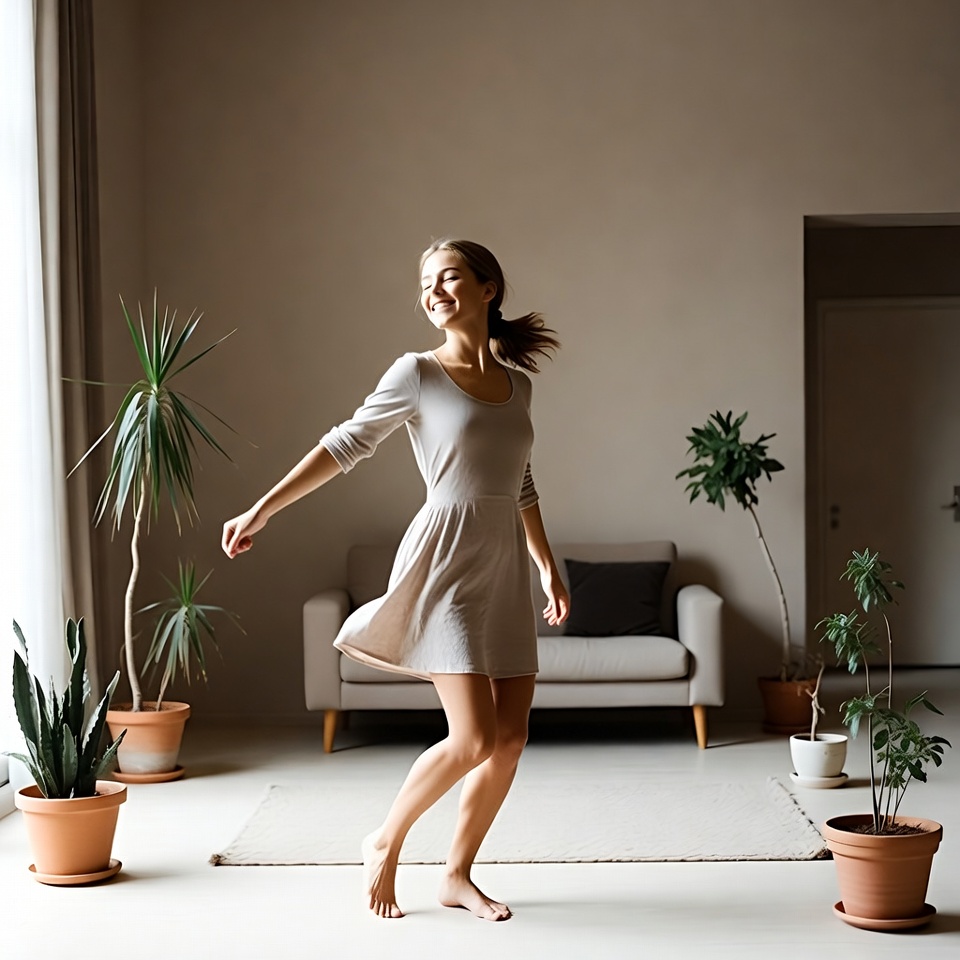 Woman dancing barefoot in living room Woman dancing barefoot in living room