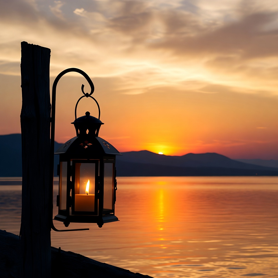 Lantern on pier at sunset lake Lantern on pier at sunset lake