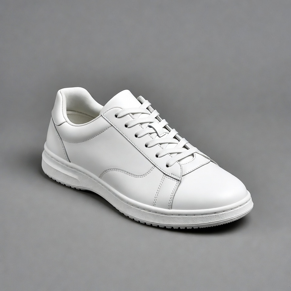 White leather sneakers on gray background White leather sneakers on gray background