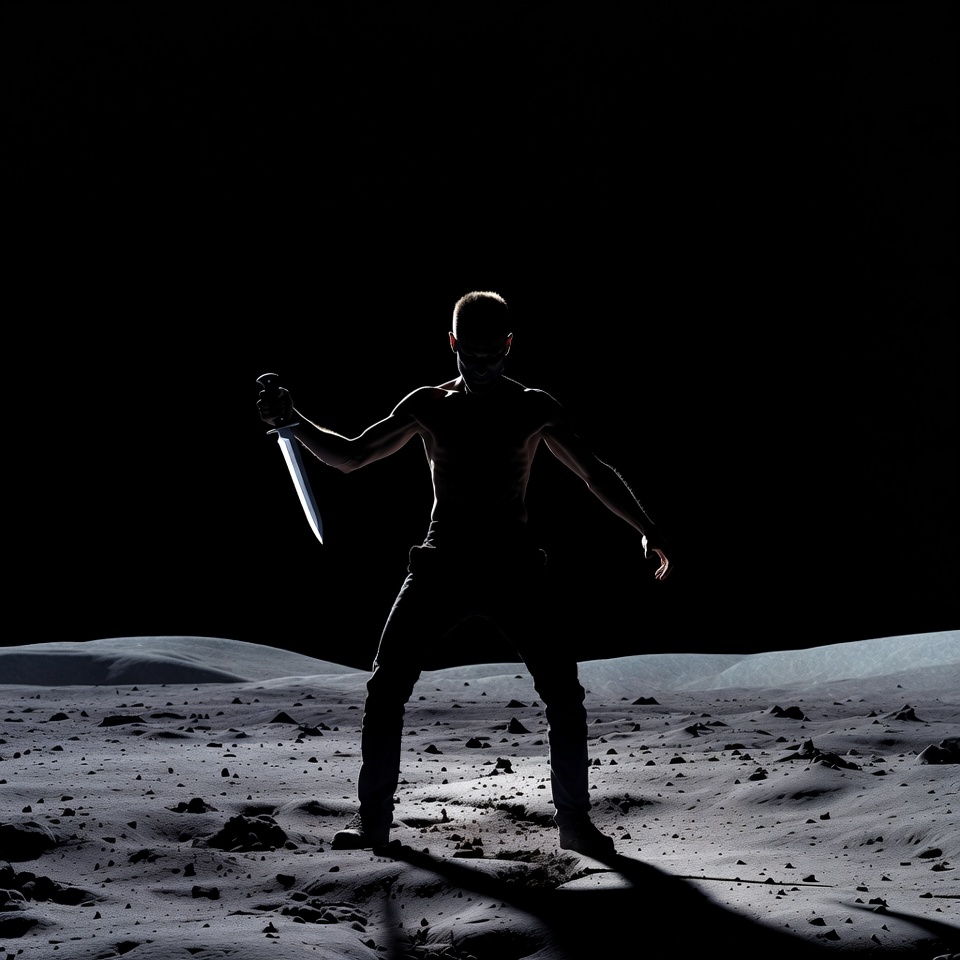 Silhouette man holding knife on moon Silhouette man holding knife on moon