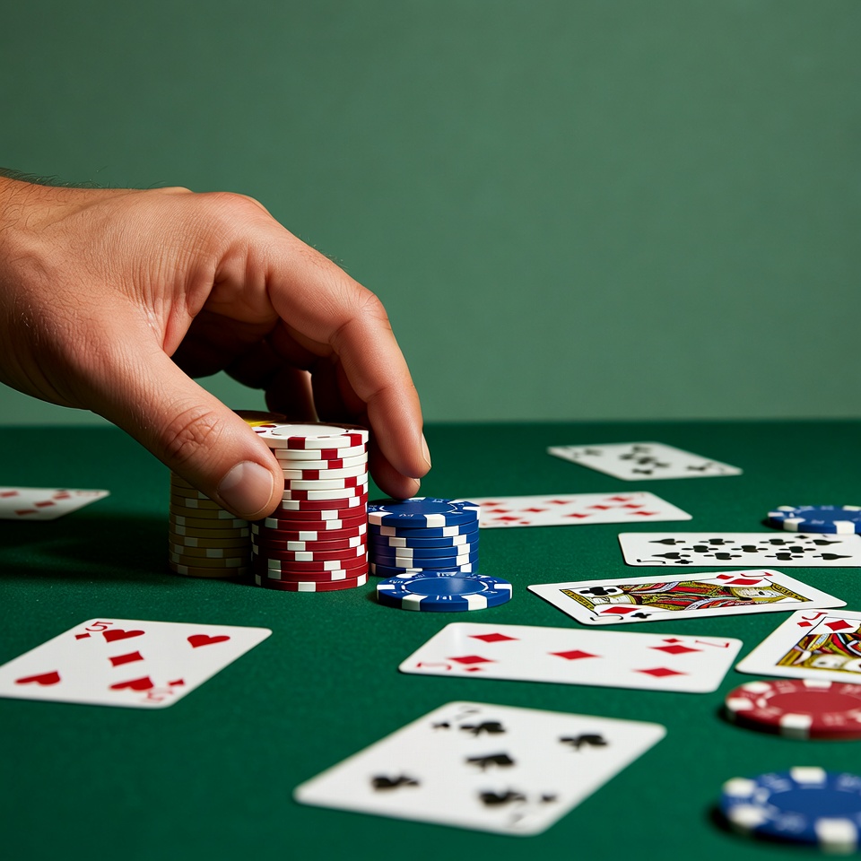 Hand stacking poker chips on green table Hand stacking poker chips on green table