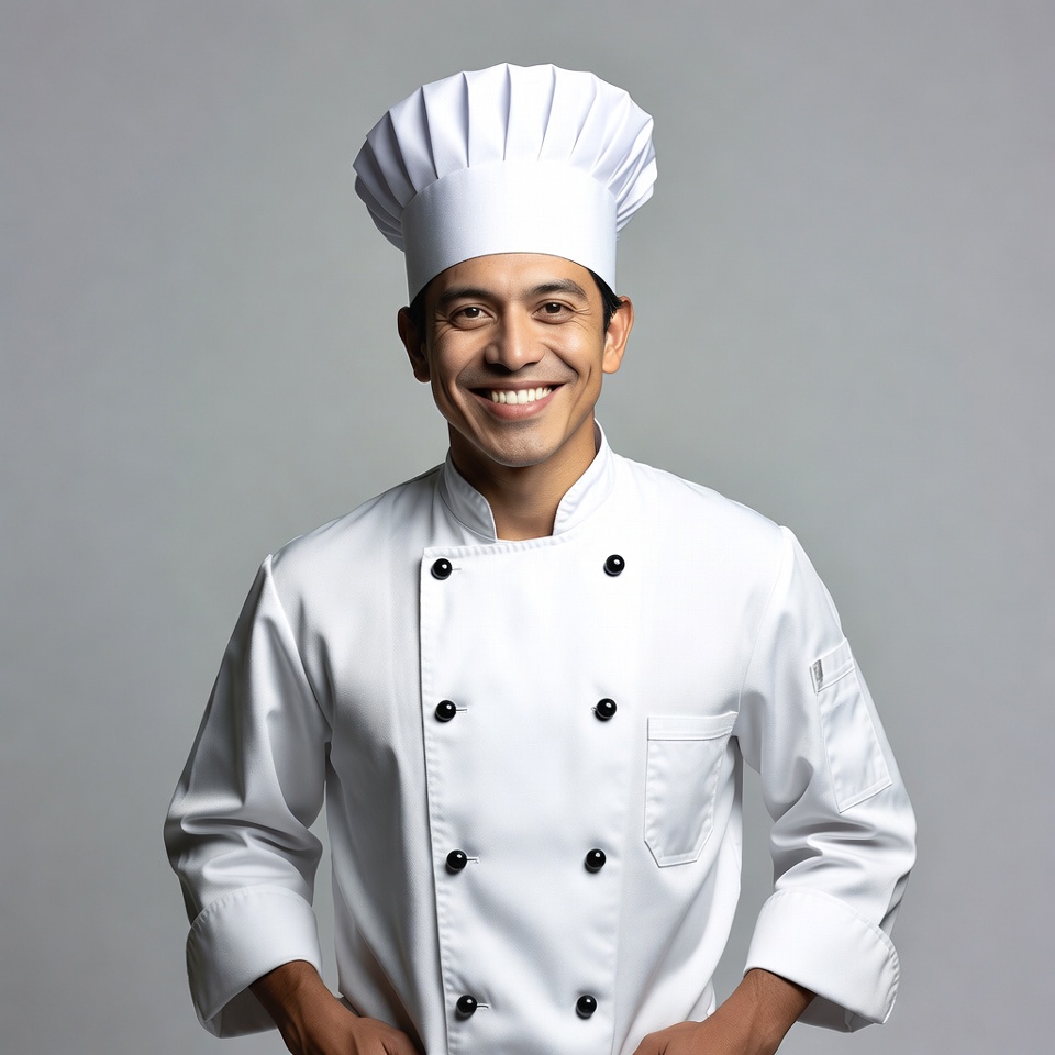 Smiling Latino chef in white uniform Smiling Latino chef in white uniform