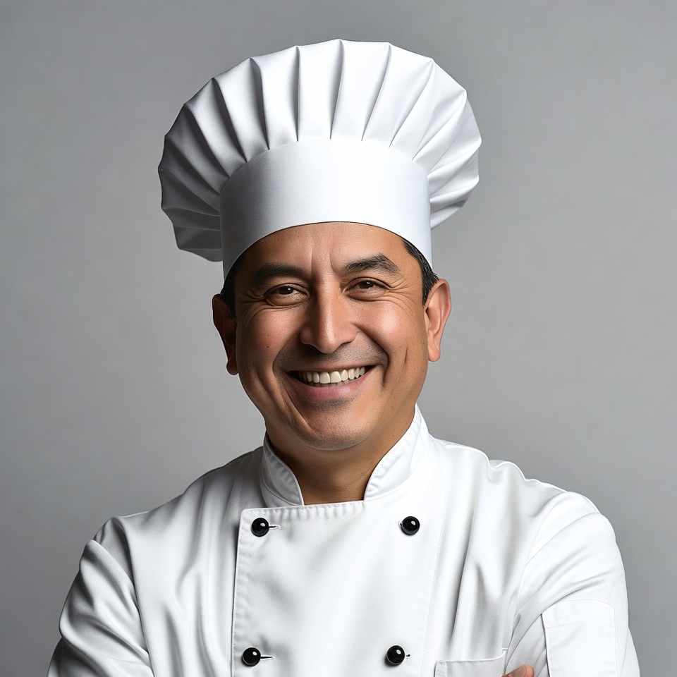 Smiling Latino chef in white uniform Smiling Latino chef in white uniform