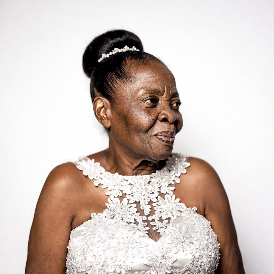 Elderly African-American woman in white lace dress Elderly African-American woman in white lace dress