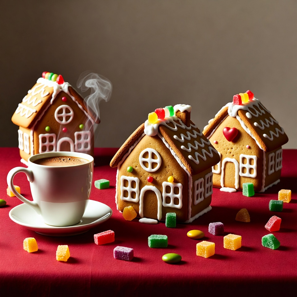 Three Gingerbread Houses with Coffee Three Gingerbread Houses with Coffee