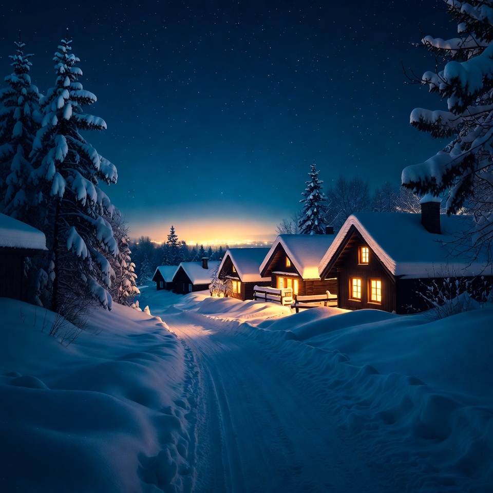 Snowy Cabins Lit at Night Snowy Cabins Lit at Night