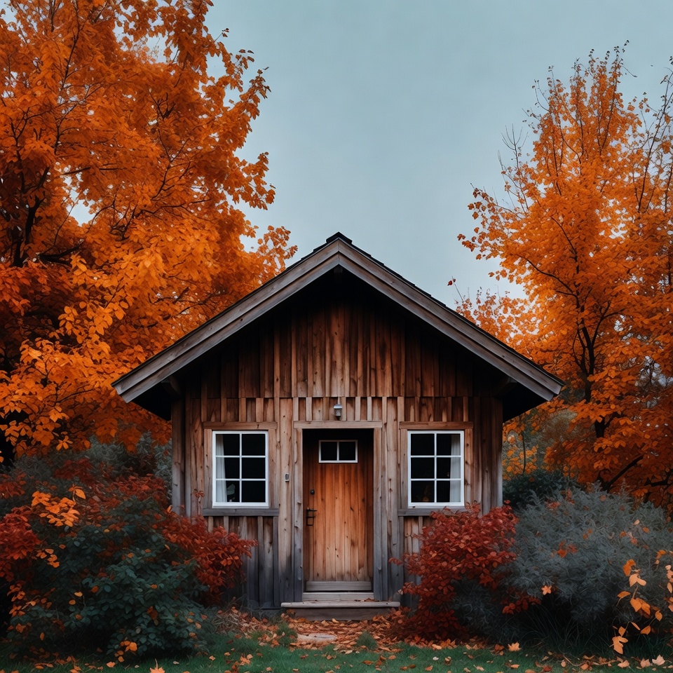 Wooden Cabin Surrounded by Autumn Trees Wooden Cabin Surrounded by Autumn Trees