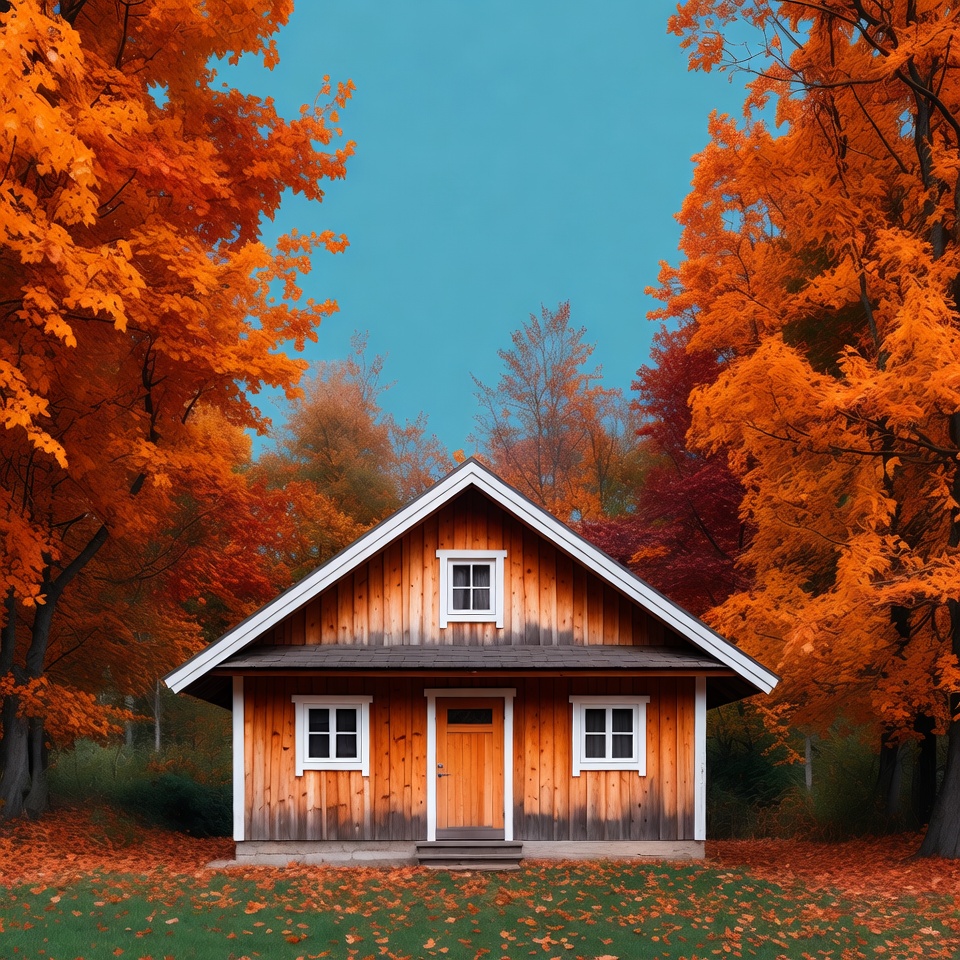 Wooden house surrounded by autumn trees Wooden house surrounded by autumn trees