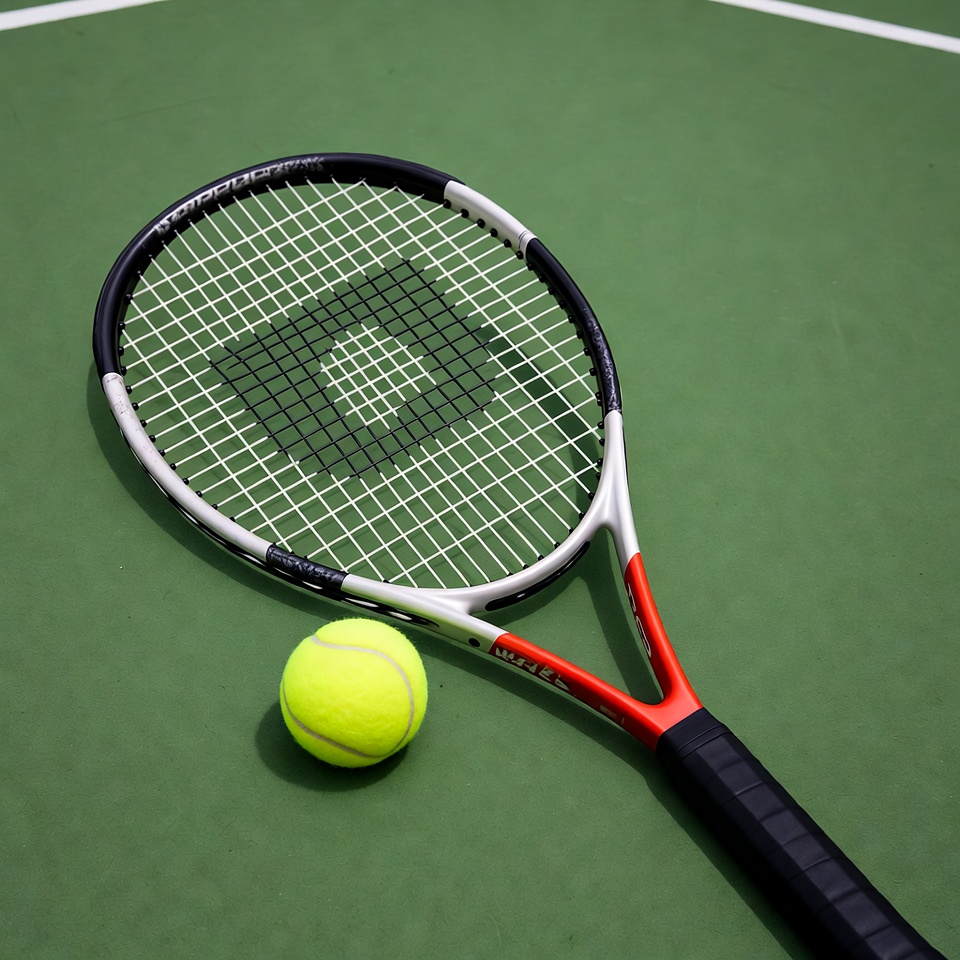 Tennis racket and ball on court Tennis racket and ball on court