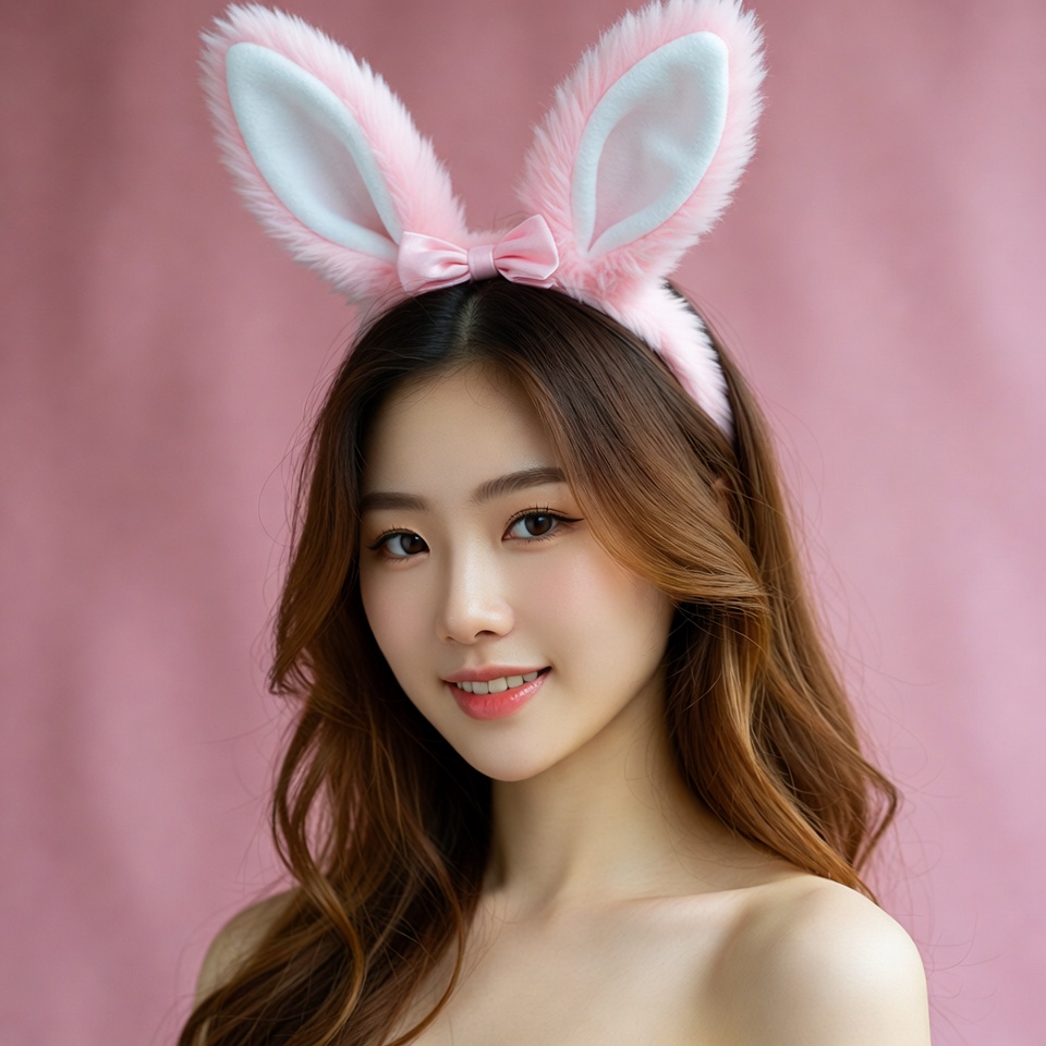 Asian woman wearing pink bunny ears Asian woman wearing pink bunny ears