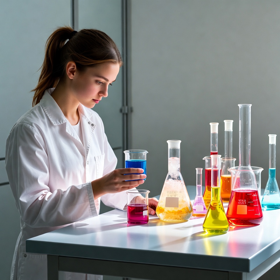 Woman scientist holding blue beaker Woman scientist holding blue beaker