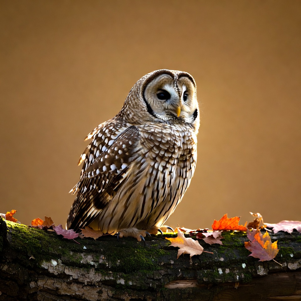 Barred Owl on Mossy Branch with Autumn Leaves Barred Owl on Mossy Branch with Autumn Leaves