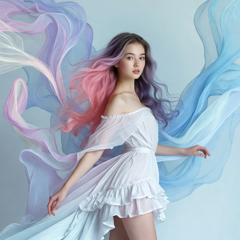 Woman with pink purple hair in flowing fabrics Woman with pink purple hair in flowing fabrics