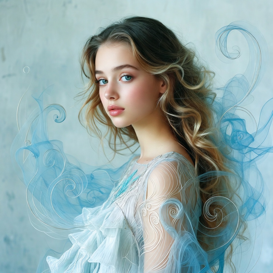 Young woman in blue ethereal gown Young woman in blue ethereal gown