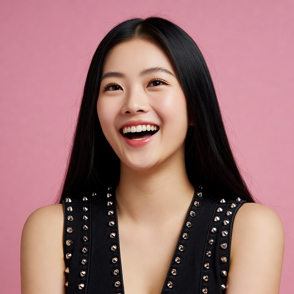 Smiling Asian woman in black studded top Smiling Asian woman in black studded top