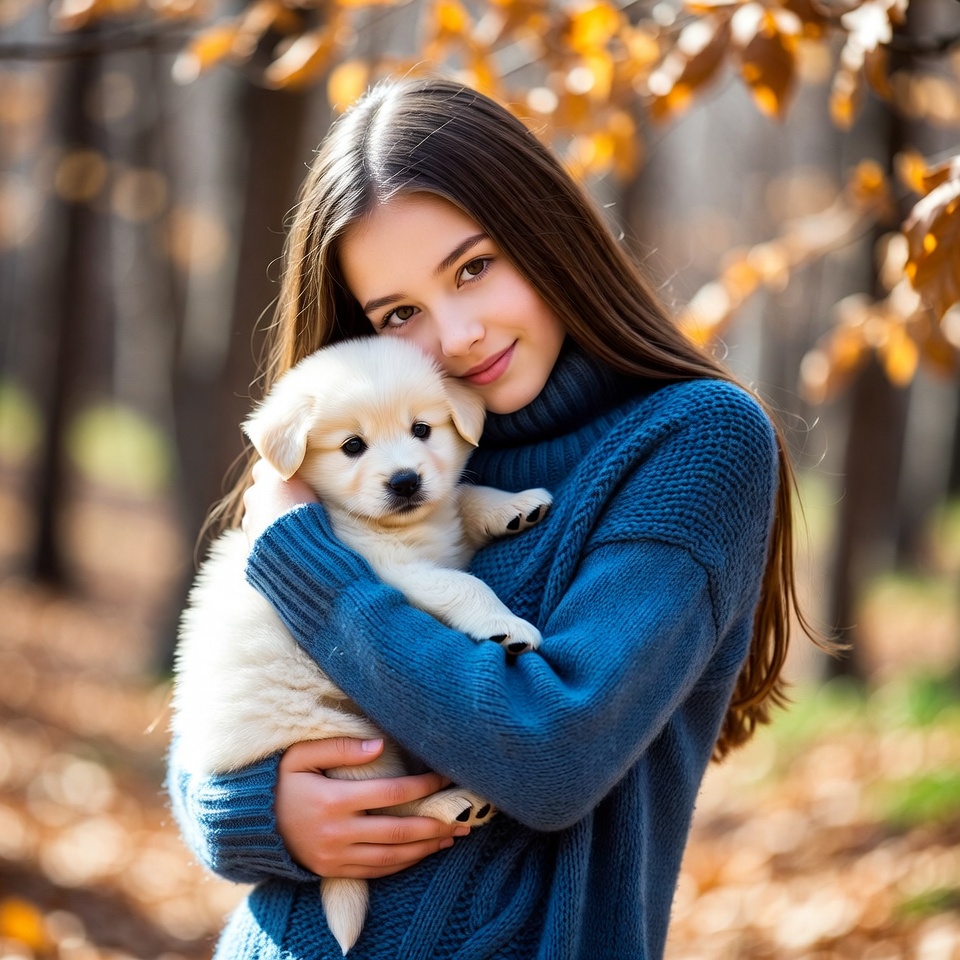 Girl hugging fluffy puppy in autumn forest Girl hugging fluffy puppy in autumn forest